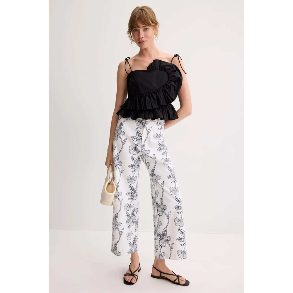 SZ Blockprints Disco Pants Wide Leg Floral White Navy Blue Cropped Women Sz M